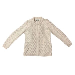 Aran Crafts Ireland Womens Wool Cable Knit Zip Cardigan Sweater Oatmeal L